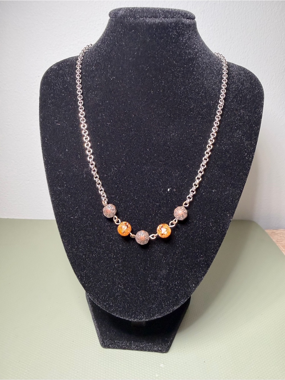 Elegant Silver Chain Necklace with Amber-Bead Accents